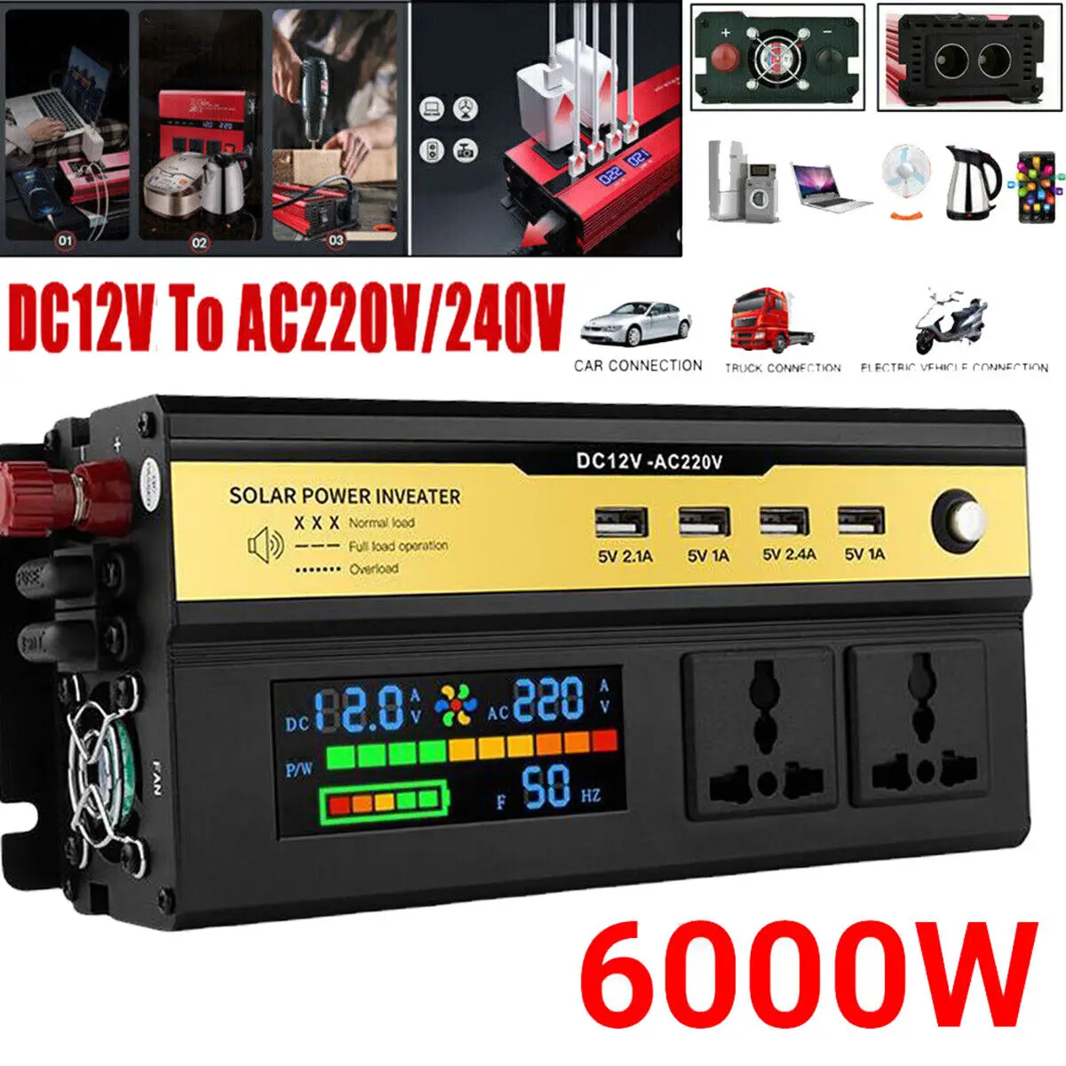 6000W Modified Sine Wave Inverter (DC 12V 24V to AC 220V Transformer with 4 USB Universal Outlet Chargers) Car Power Inverter