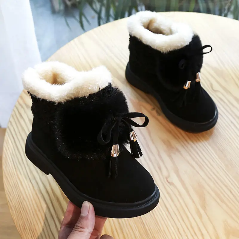 Anti-Slippery Bowknot Girls Snow Boots Plus Velvet Thickening Winter Little Girls Cotton Shoes Children\'s Short Boots Baby Boots