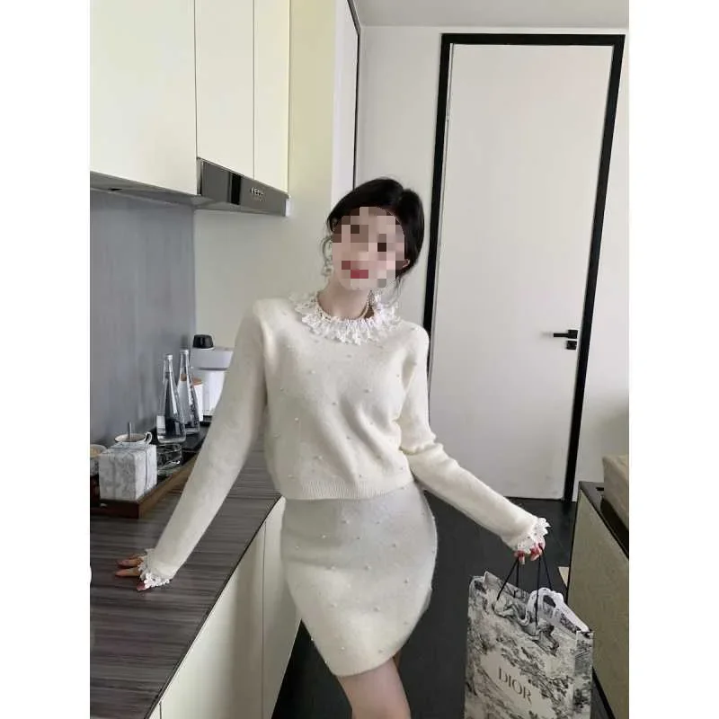 Plus Size French Style Sweet Edge Collar Buttoning Pearls Soft And Supple Top+Skirt 2-Piece Set Women's Plus Size Coat