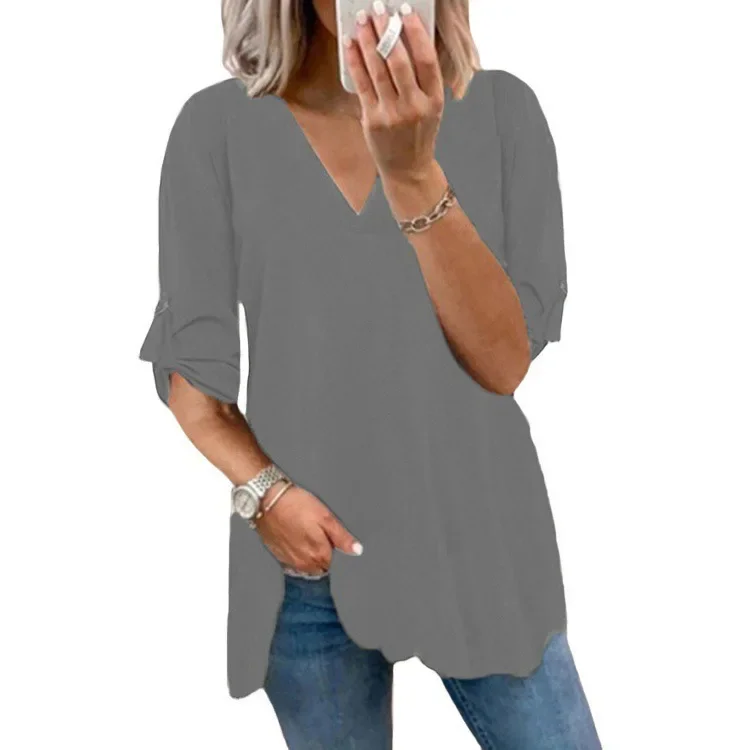 

European and American women's clothing 2025 new chiffon long-sleeved shirt solid color V-neck pullover casual loose T-shirt top