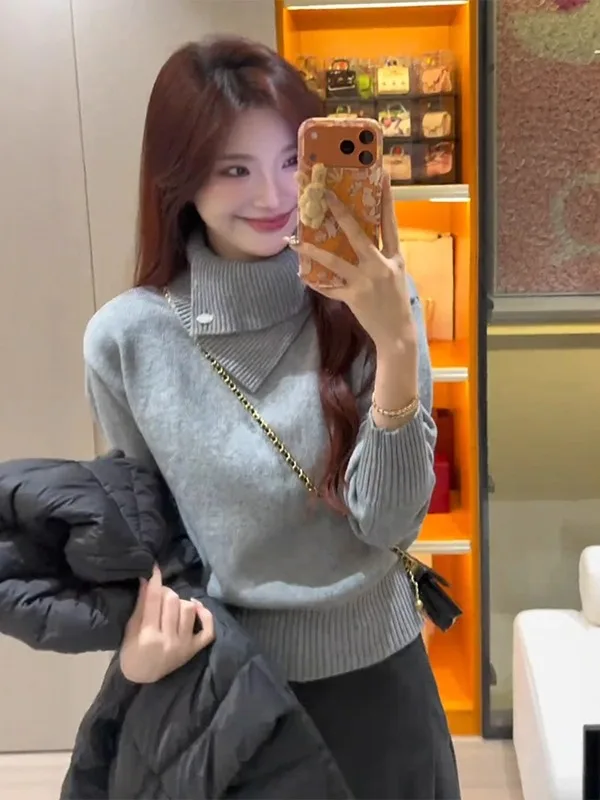 

Теплый вязаный свитер оверсайз с высоким воротником для женщин, зимний, с отложным воротником, удобный повседневный топ