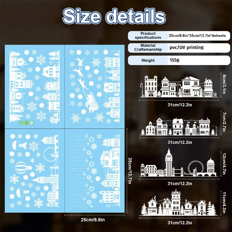 4 قطع/مجموعة من ملصقات ندفة الثلج البيضاء الثابتة مجموعة ملصقات زجاجية نافذة مركز التسوق لعيد الميلاد + ملصقات تزيين المنزل