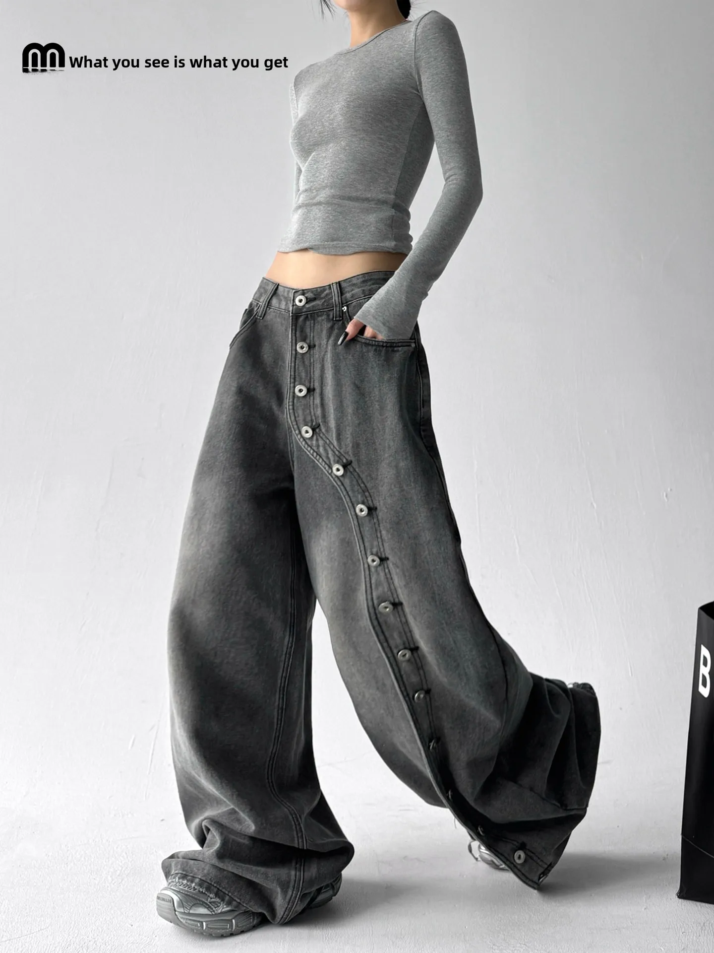 

Ele ey джинсовые джинсы женские осенние модные новые тяжелые широкие брюки Du свободные повседневные брюки с высокой талией из смеси хлопка на молнии