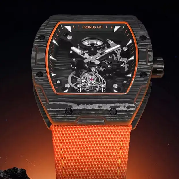 

CRONUSART Men Tourbillon Watch Tonneau Mechanical Wristwatch Carbon Fiber Case & Dial Luminous Sapphire Mirror Skeleton Dial