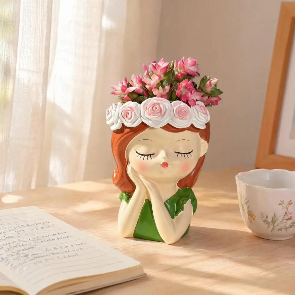 Cute Girl Resin Planter, Girl Head Planter with Rose Garland, Decorative Plant Container for Succulents Cactus Indoor Desk Decor