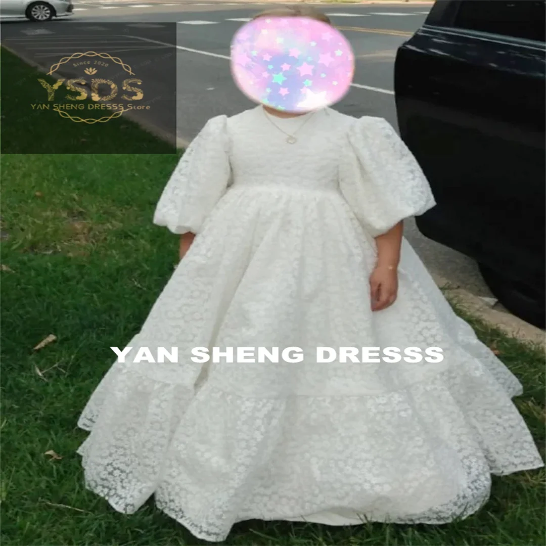 

Customized Flower Girl Dress White Tulle Tiered Appliques Short Sleeve For Wedding Birthday Party Banquet Holy Communion Gowns