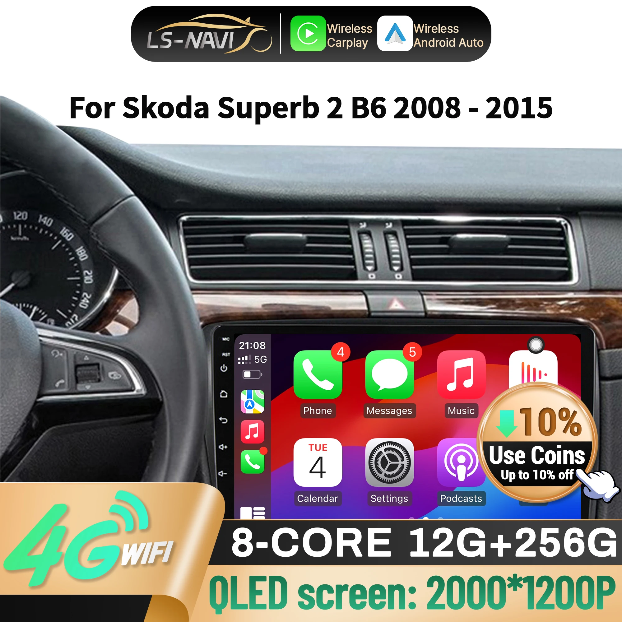 

Car Radio 4G GPS For Skoda Superb 2 B6 2008-2015 Android 14 Multimedia Wireless CarPlay Touch Screen Bluetooth Stereo