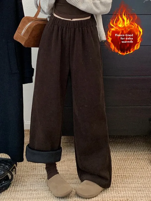 

Повседневные зимние брюки на подкладке Fce с эластичной резинкой на талии, широкие брюки прямого кроя, женская одежда больших размеров, универсальные утягивающие длинные брюки