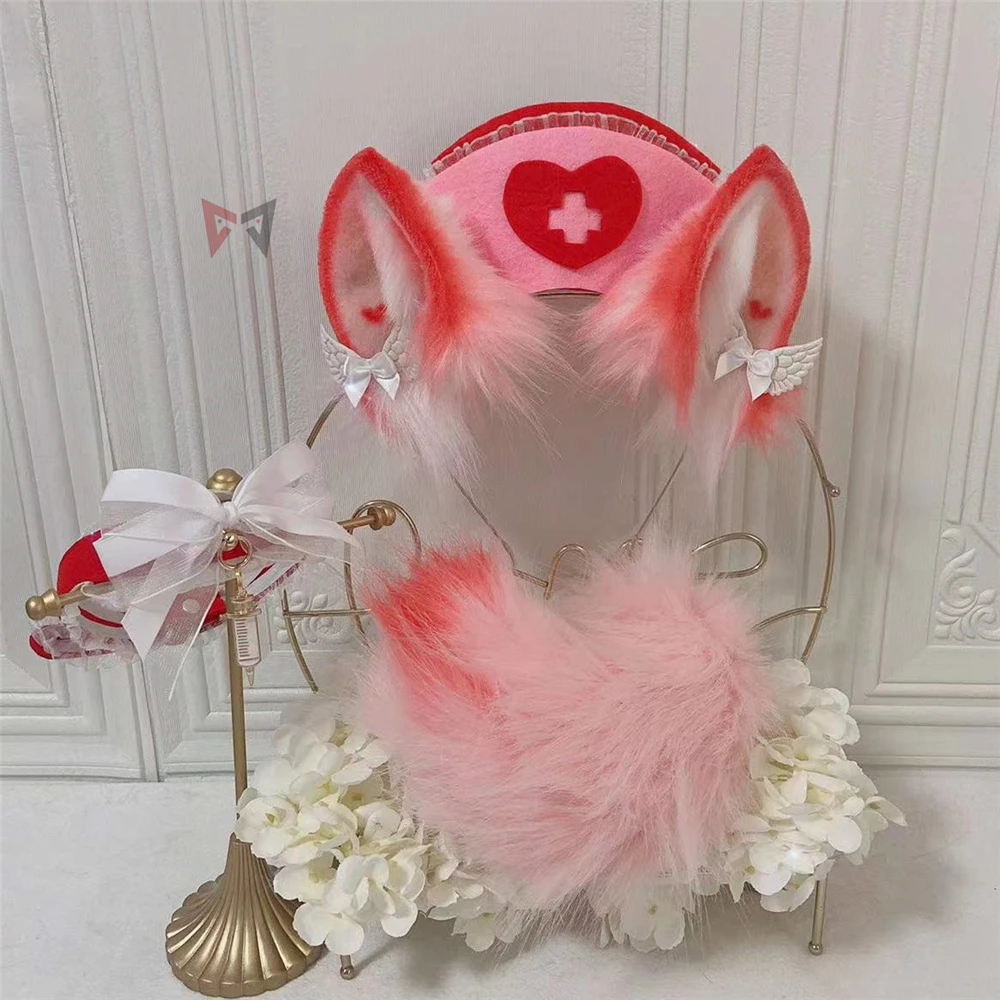 New Red Nurse  Bunny Rabbit Neko Ears Hairhoop Angel Style Tail Necklace Party Game Cosplay Costume  Accessories