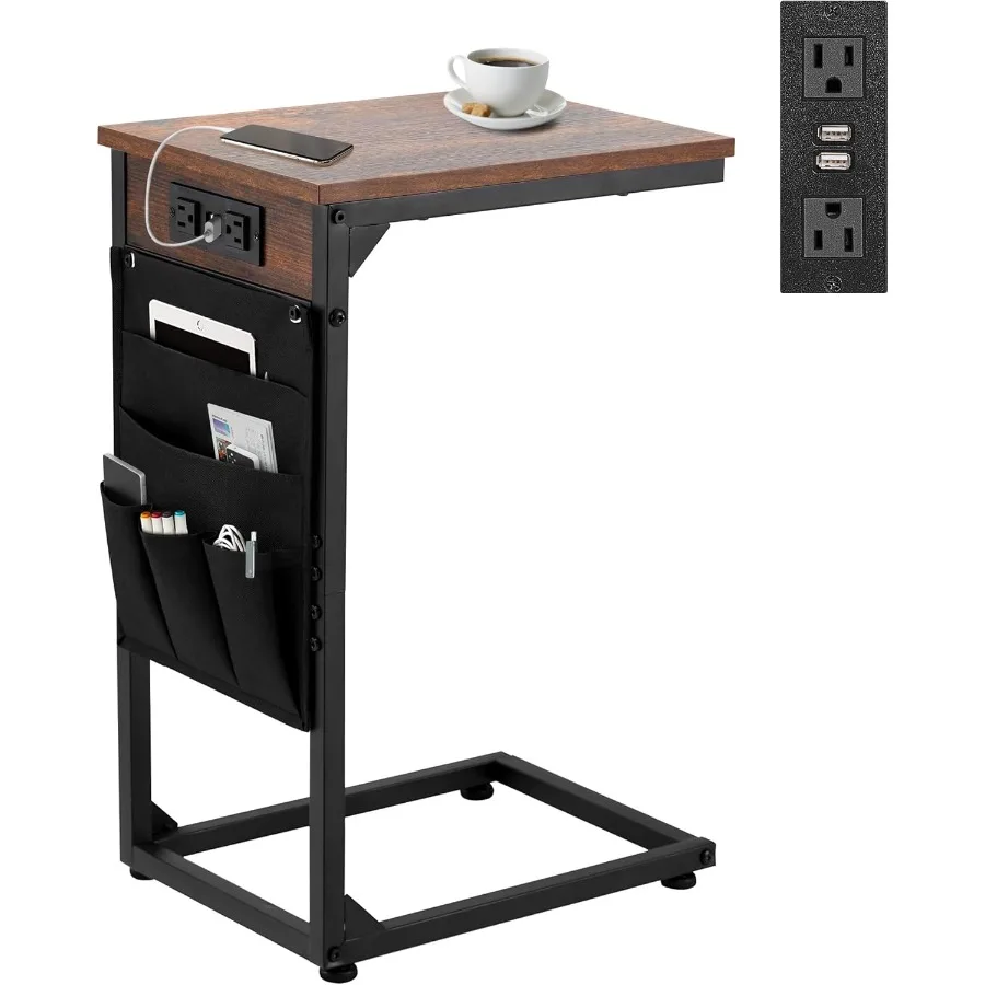 

C Shaped Side Table with Charging StationEnd Tables Living Room with 5 Storage Bags Small Narrow Sofa Table with 2 USB Ports an