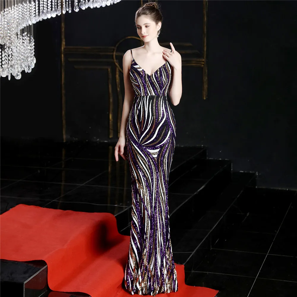 Customized Women's Strip Squins Elegant Party Dress Spaghetti  Straps Sexy Deep V Neck Mermaid Prom Evening Dress