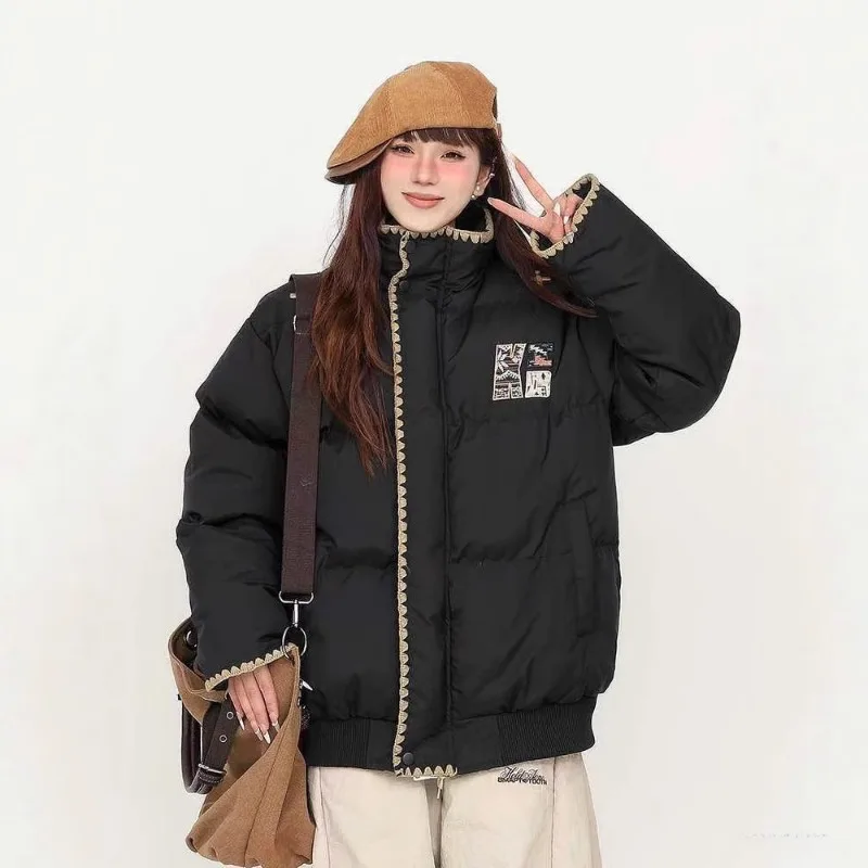

Embroidery Vintage Cotton Coats Tops Winter Korea Fashion Design Parkas Loose Snow Wear Fashion Casual Women Jackets