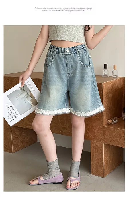 Girls Denim Knee Length Shorts Summer New Big Kids Loose Kids Outer Wear Casual Stylish Thin Girl Short Knee Length Pants