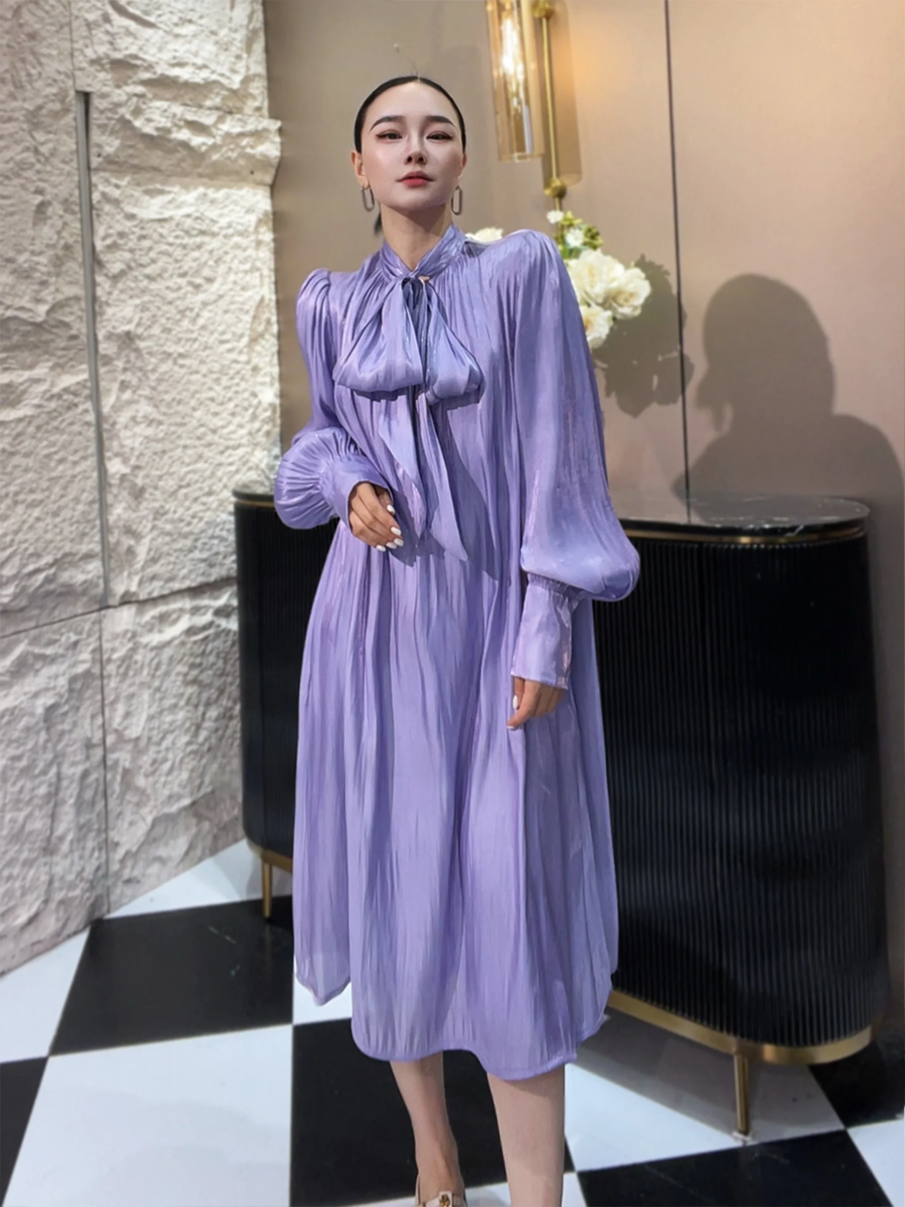 

Элегантное фиолетовое платье с длинным рукавом, модное осеннее платье для невысоких, стильное платье-сарафан А-силуэта