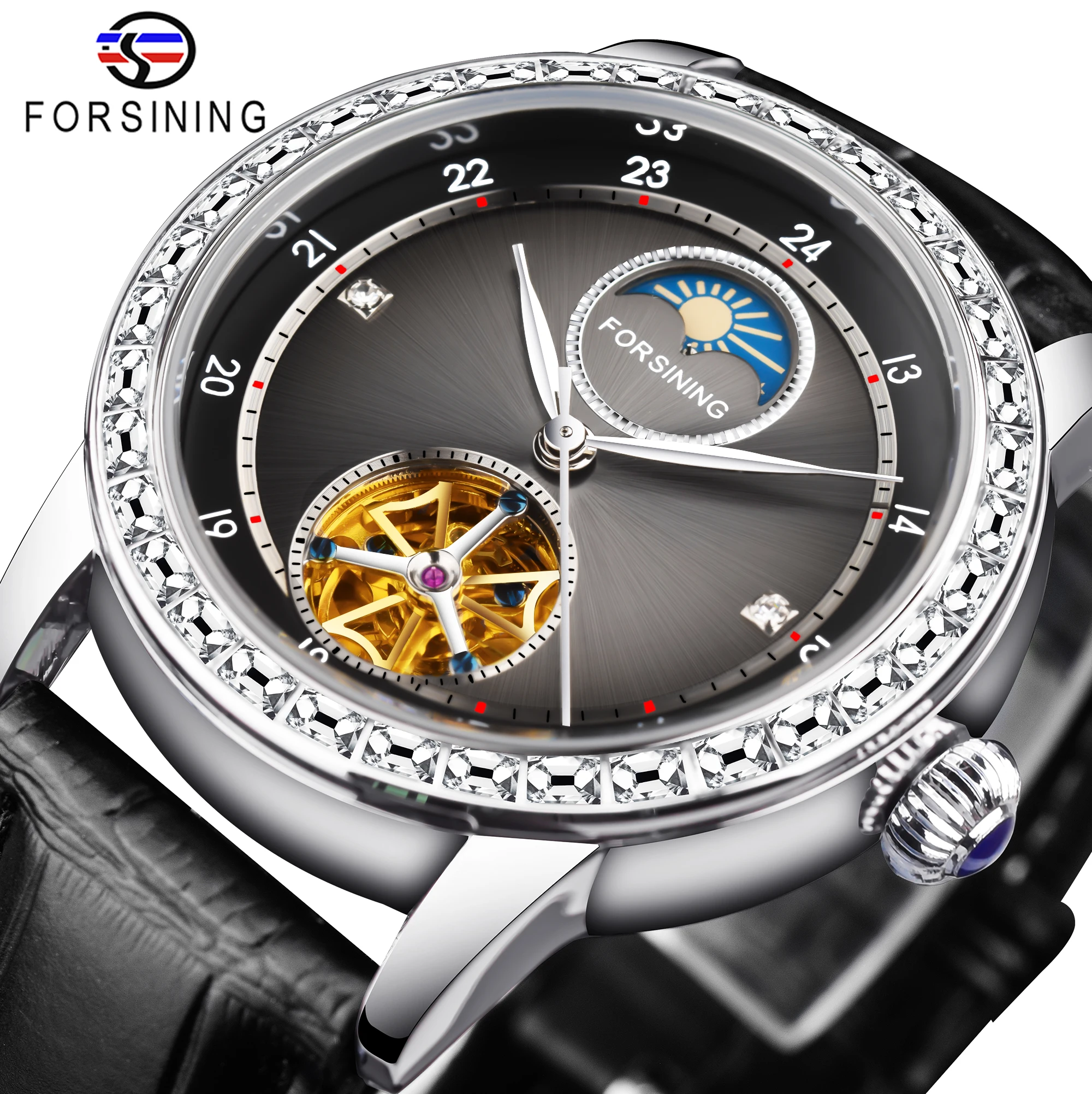 

Forsining Fashion Diamond Bezel Men Luxury Laser Black Dial Design Waterproof Elegant Automatic Mechanical Watch Genuine Leather