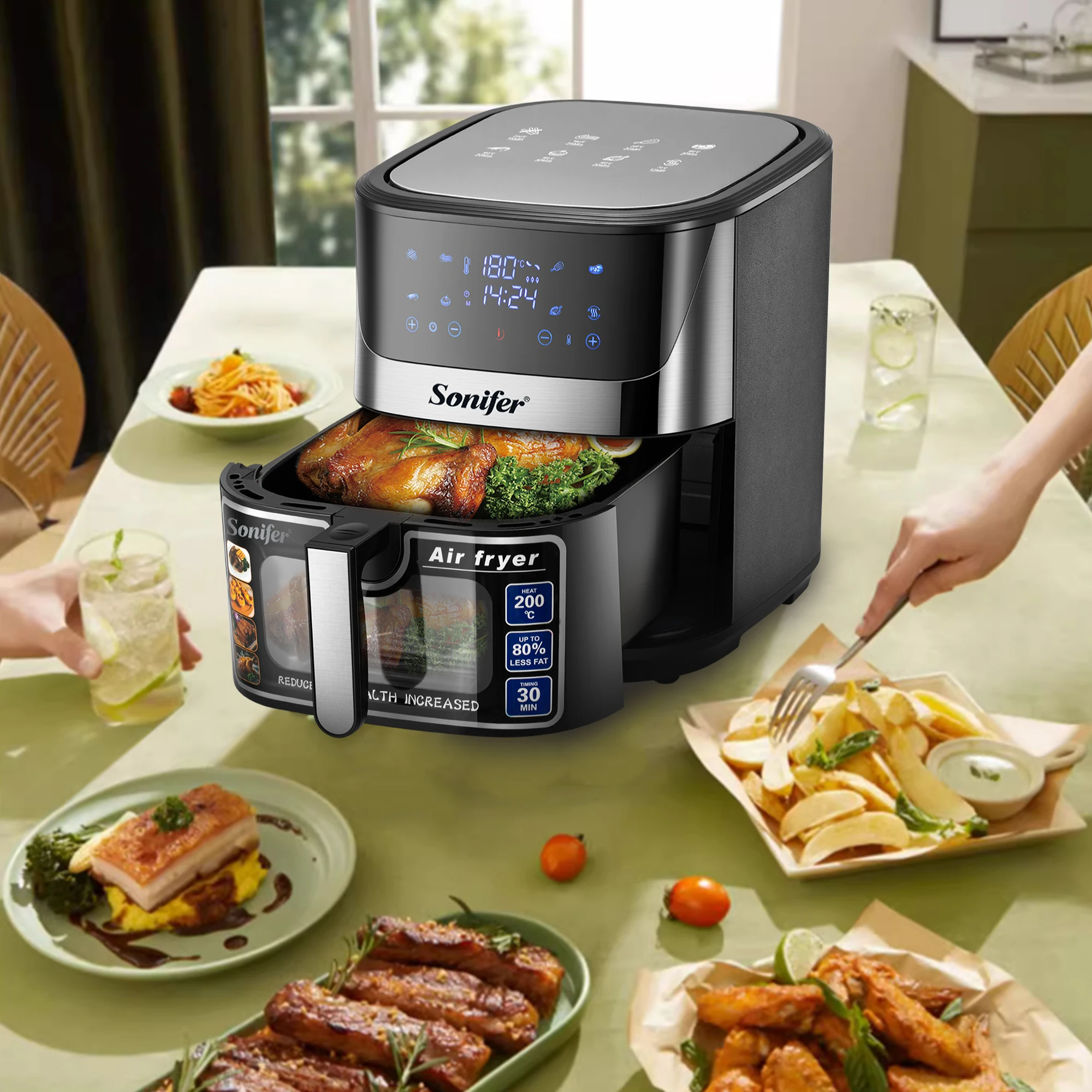 Sonifer Air Fryer SF-1034 .Frying pot capacity: 8.5L .Temperature control: 80-200°C time control: 1-60mins .LED display and touc