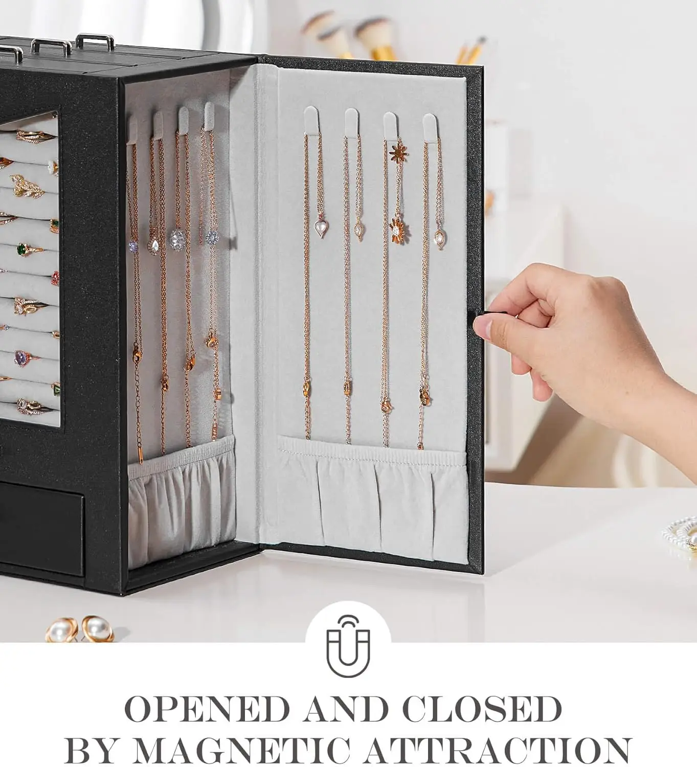Jewelry Organizer with Transparent Window Necklace Hooks Gift for Women Jewelry Box Display Case for Necklaces Rings