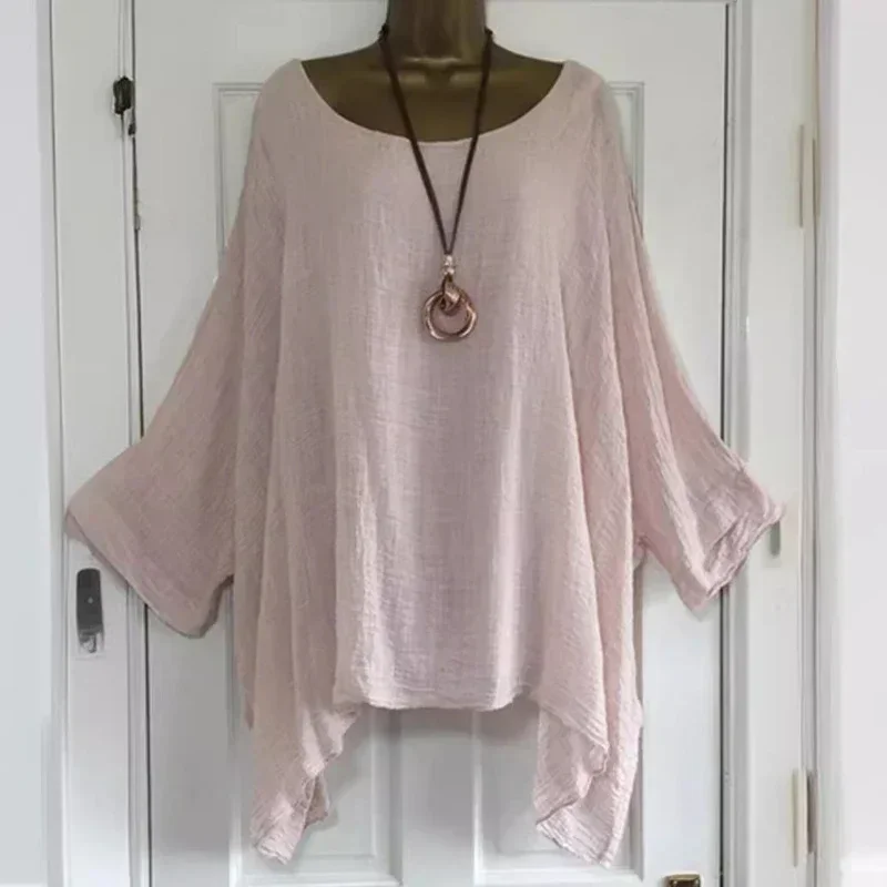 2024 Women t-shirts Plus Size 5XL T-Shirt Linen O Neck Casual Loose Shirt Summer Autumn New Solid Batwing Long Sleeve