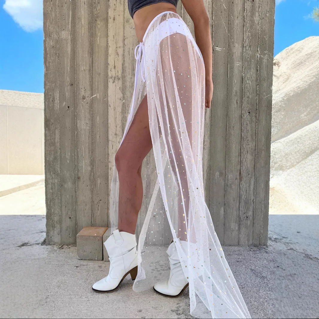 New Women's Star Gauze Long Skirt,Music Festival Performance Sequin Skirt,Beach Bikini Tie Back Skirt