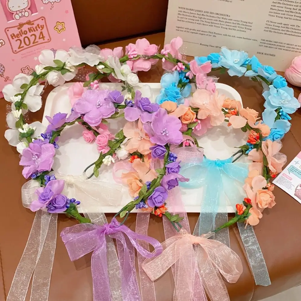 Fairy Simulation Flower Floral Garland Colorful Hair Hoop Children Flower Headband Mesh Hair Ornaments Bridal Crown Photograph