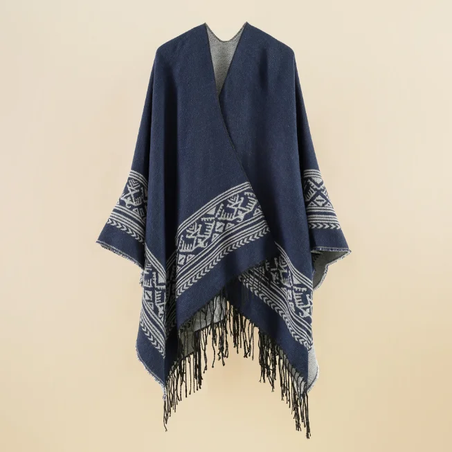 Geometric Pattern Double-sided Tassels European American Fashion Lengthened Imitation Cashmere Office Travel Fork Shawl Black