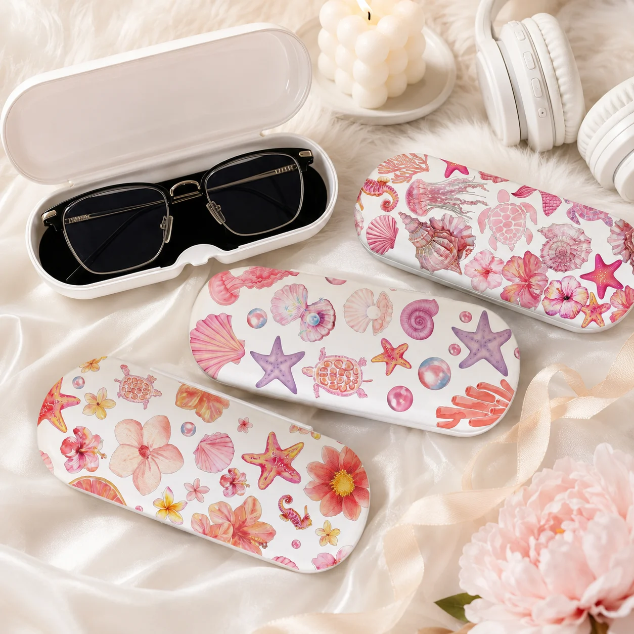 Ocean Floral Hard Eyeglasses Case, Portable Protective Sunglasses Storage Box for Women, Travel Handbag Home Office - view 3