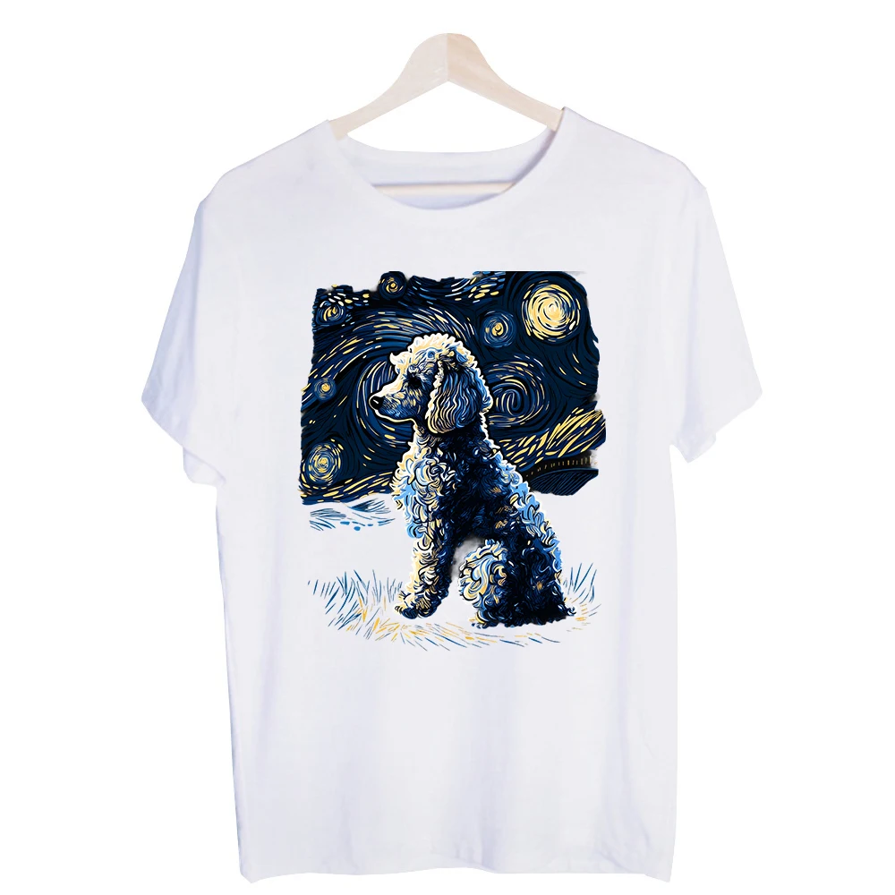 Men's Poodle Dog and Swirl Starry Night Graphic Tee, Artistic Print Short Sleeve T-Shirt for Casual Daily Wear