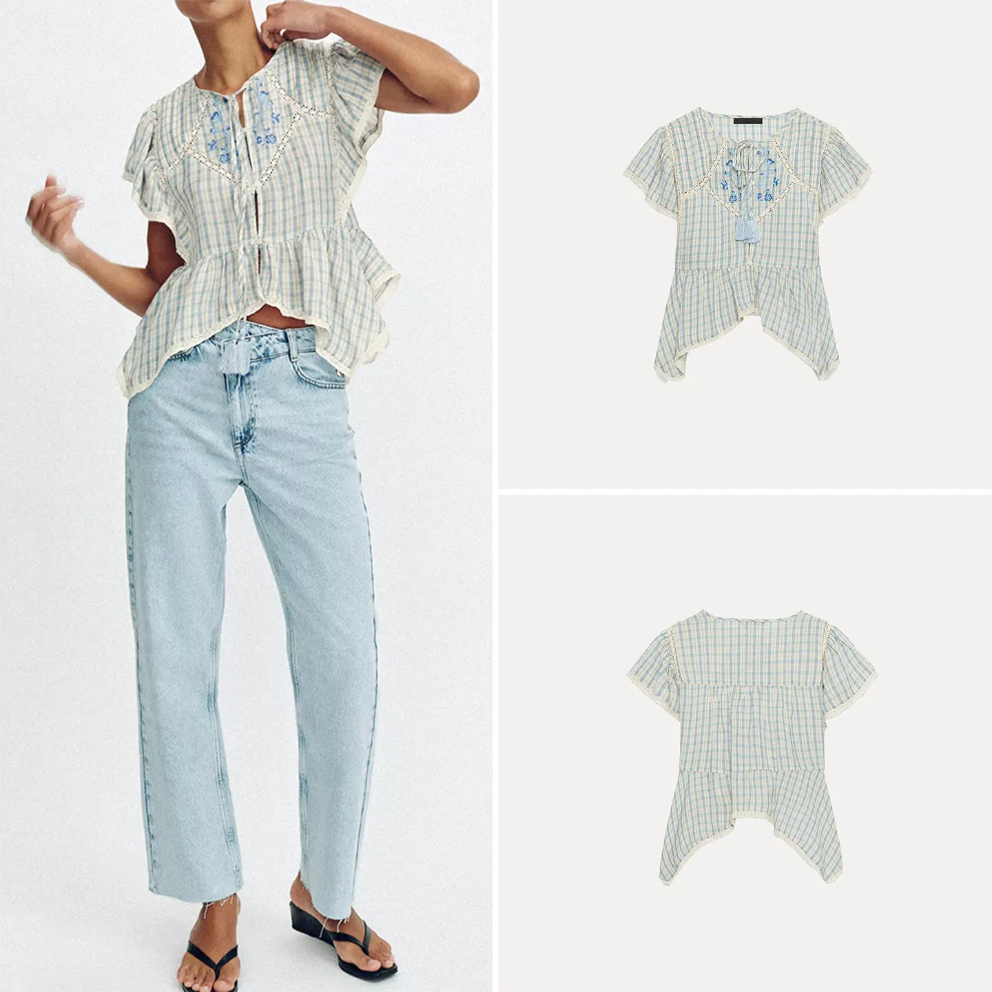 

Women's Summer 2026 New Style Short Sleeve round Neck Embroidered Ruffle Hem Shirt Checkered Print Casual Wear ZDATA Brand