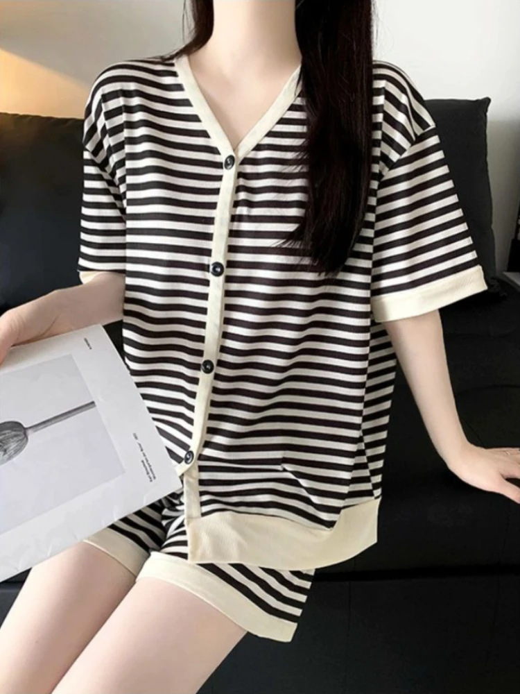 Ice Silk Cooling Women Pajamas Set 2026 Summer New Striped Short Sleeve Shorts Two Piece Loungewear Can Be Worn Outside