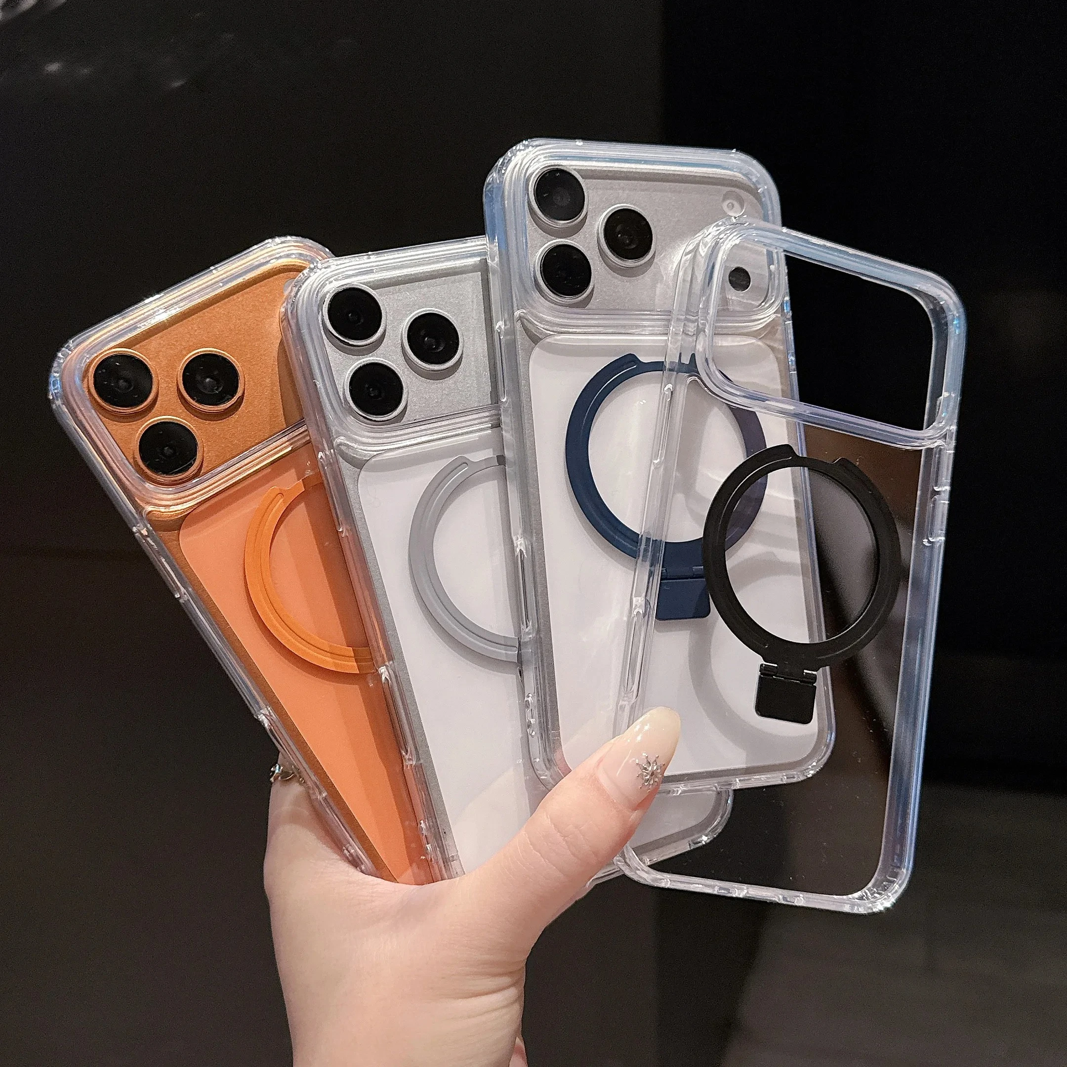 Transparent TPU For Magsafe Stand Holder Phone Case For iPhone 17 12 13 14 15 16 17 Pro Max 17 Air Shockproof PC Bracket Cover