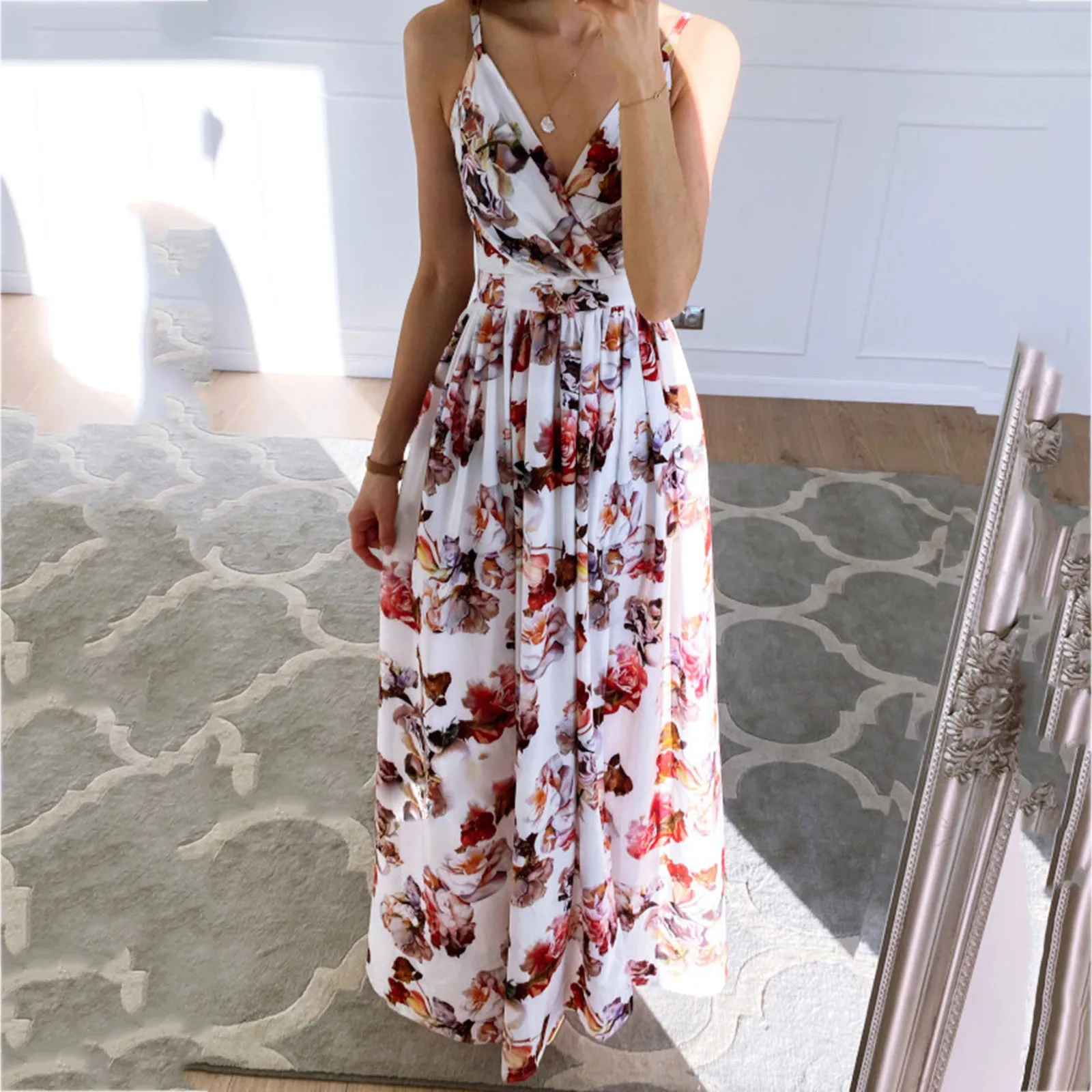 

Floral Printed V Neck High Split Slip Dress Women Summer Maxi Dress Casual Beach Sundress Elegant Sleeveless Party Dresses