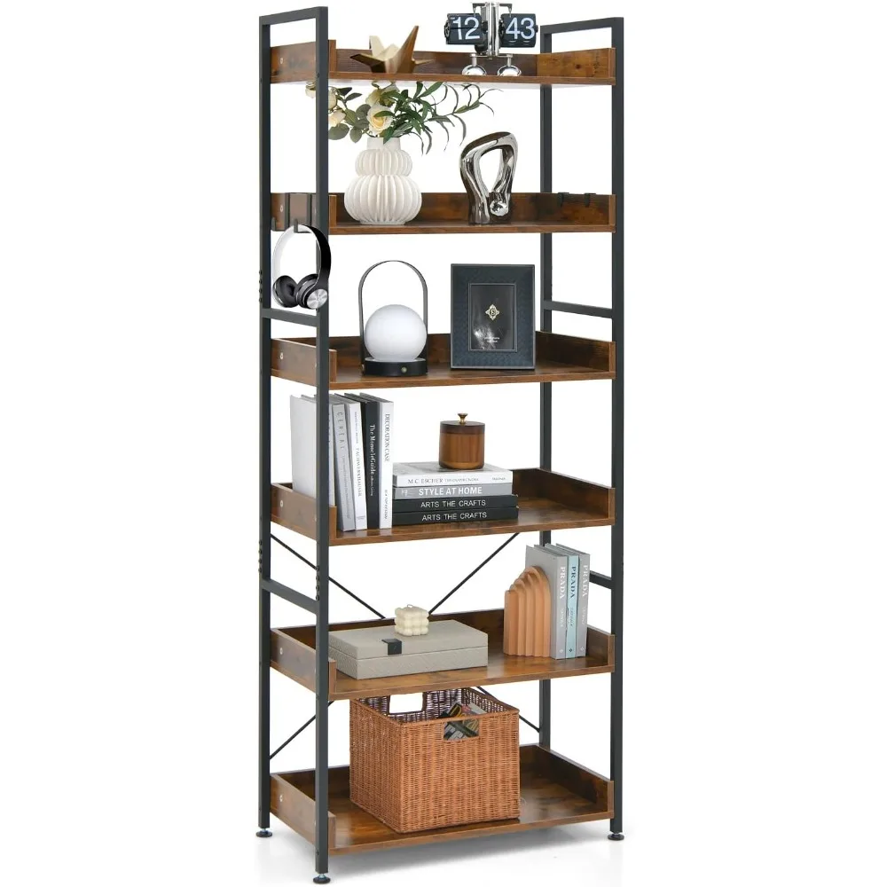 رف كتب صناعي مكون من 6 طوابق، رف تخزين عالي 70 بوصة مع 4 خطافات، رف تخزين مستقل بإطار معدني #1