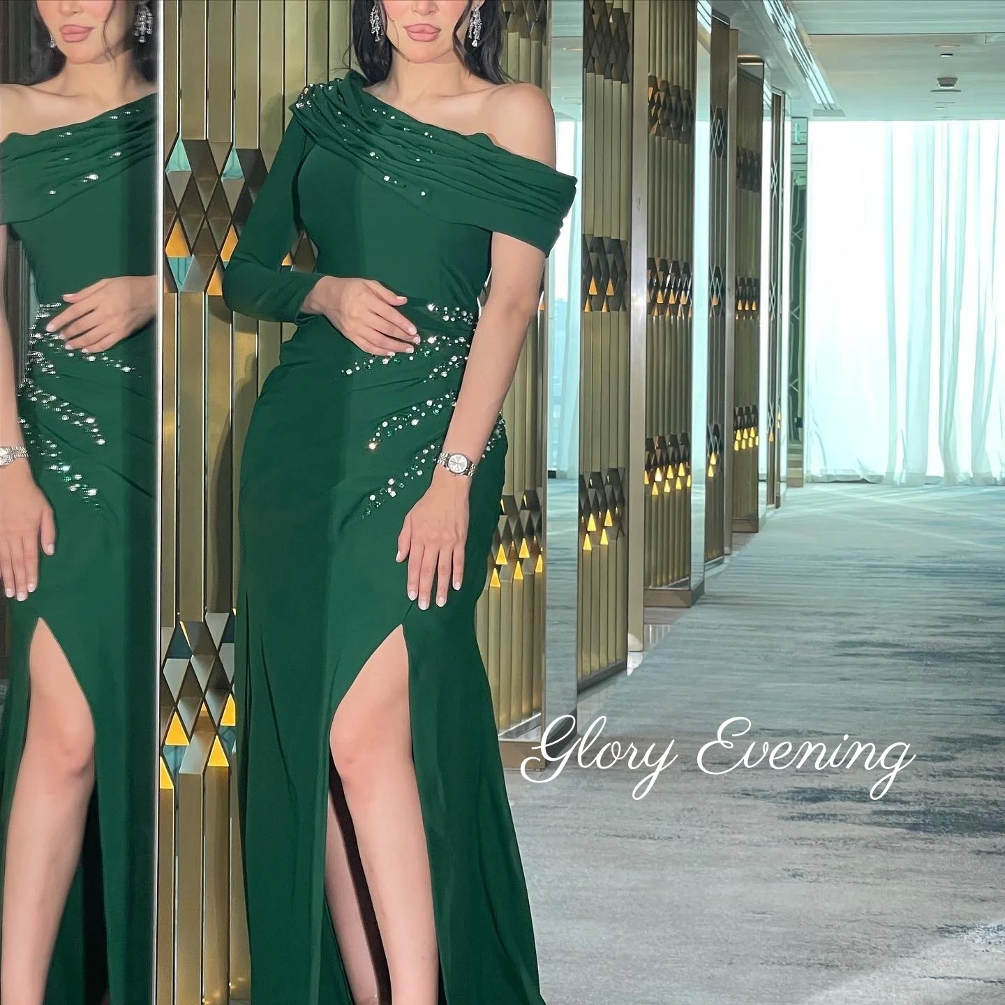 

Green One Shoulder Off Shoulder Prom Dresses For Women Evening Dresses Side Slit Long Sleeves Floor Length Stain Customized 2025