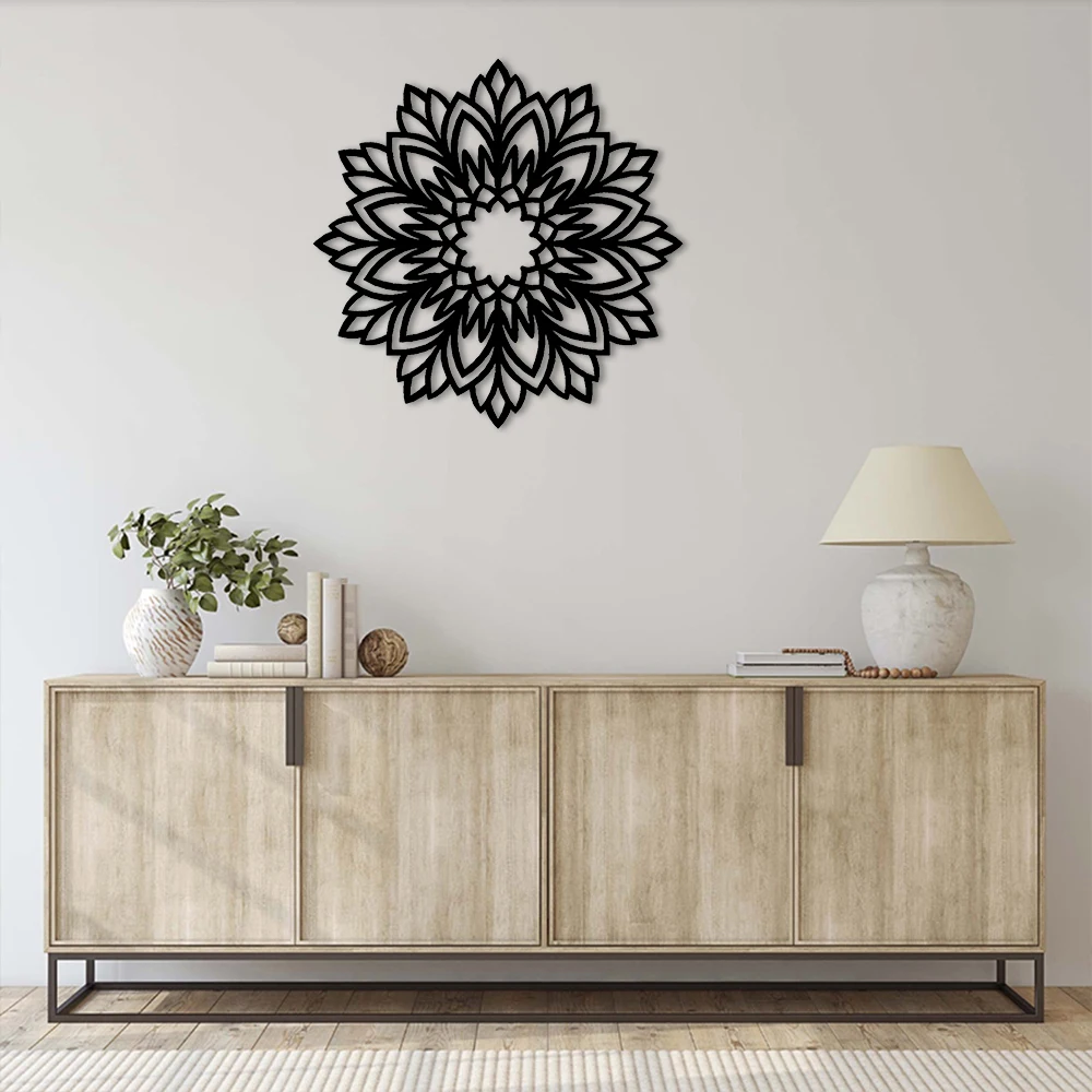 Wildblumen-Mandala-Wandschild aus Metall, Blumenschilder, Schwarz, für Zuhause, Schlafzimmer, Wohnzimmer, Küche, Büro, Hotel, Wanddekoration