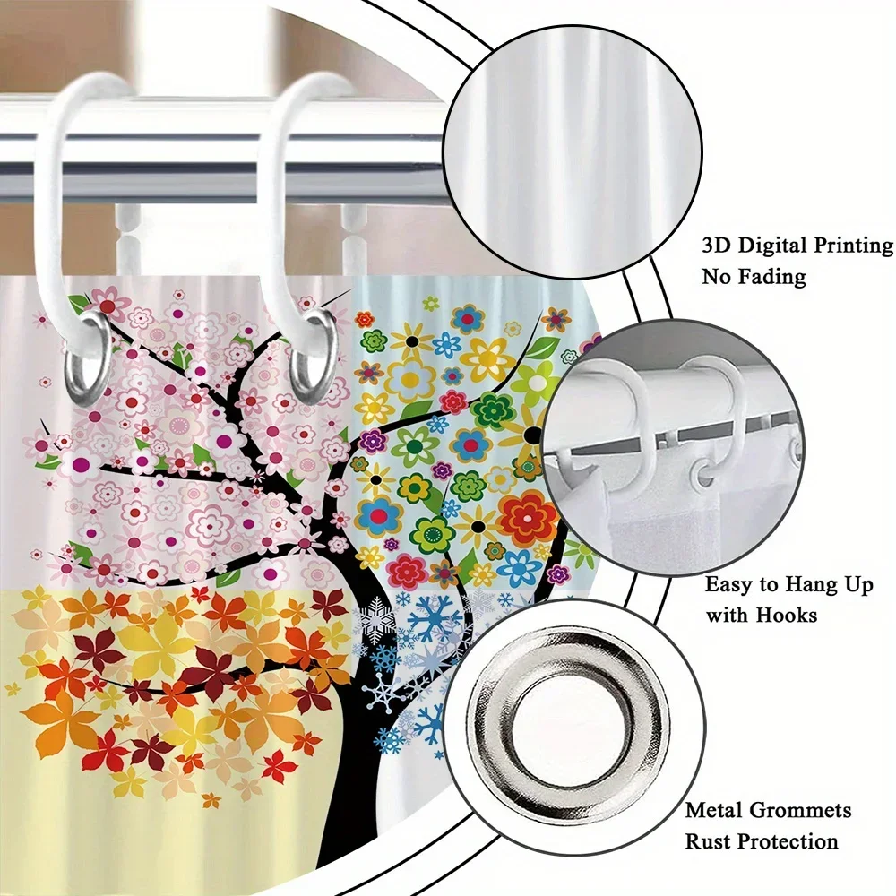 Zasłona prysznicowa z motywem czterech pór roku - wzory od wiosny do zimy, 12 haczyków, poliester nadający się do prania, abstrakcyjny kwiatowy wystrój łazienki