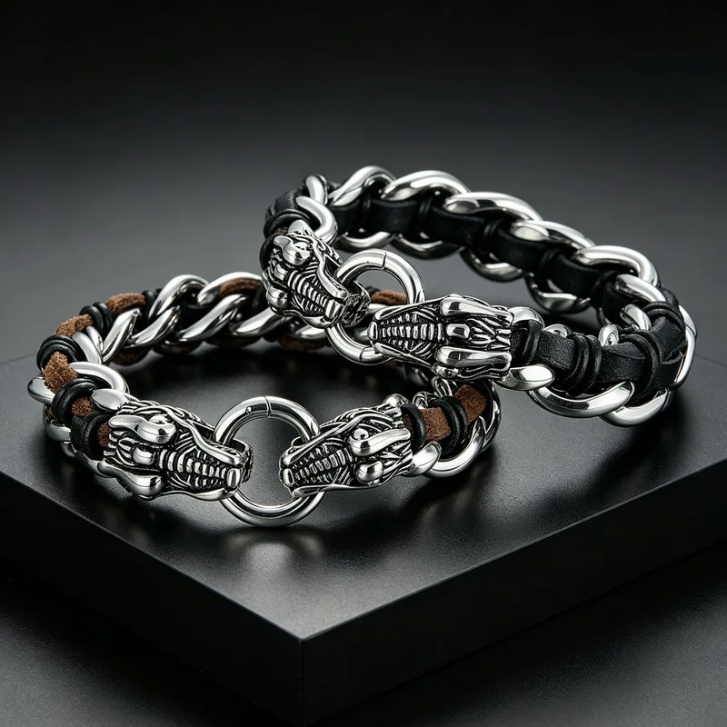 Handmade Black/Brown Leather Wolf , Dragon Head Bracelet Men Stainless Steel Braided Leather Rope Wristband Vintage Gift