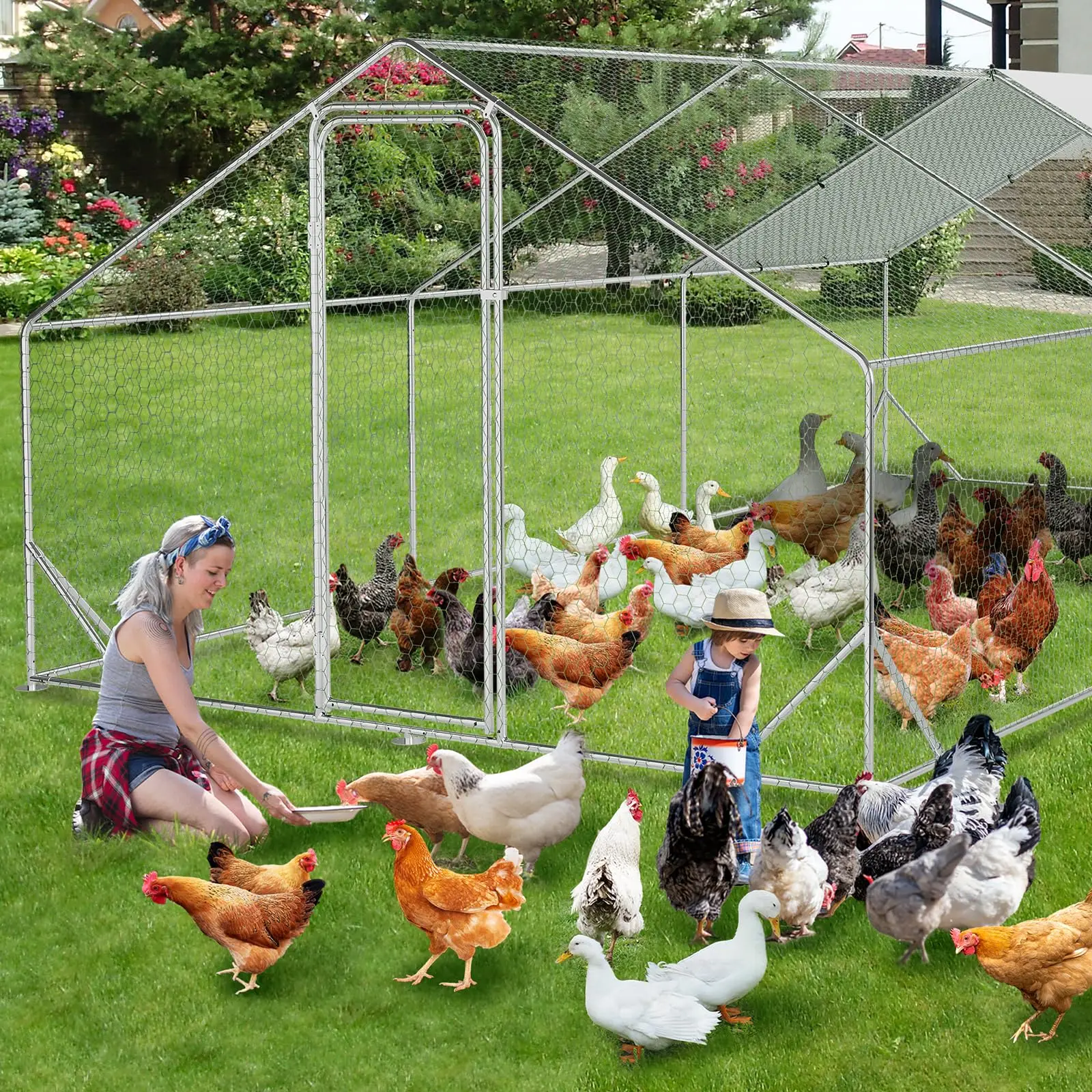 

Chicken Coop Run, Galvanized Steel Chicken Pen with Anti-Ultraviolet Waterproof Cover, Metal Chicken Coop for Outdoor Farm Use