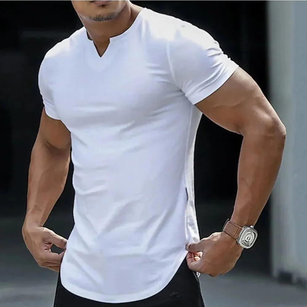 V Neck T Shirts Men Short Sleeve Casual Tee Shirts Mens Summer Lightweight Arc Hem Classic Solid Color Vneck Tshirts