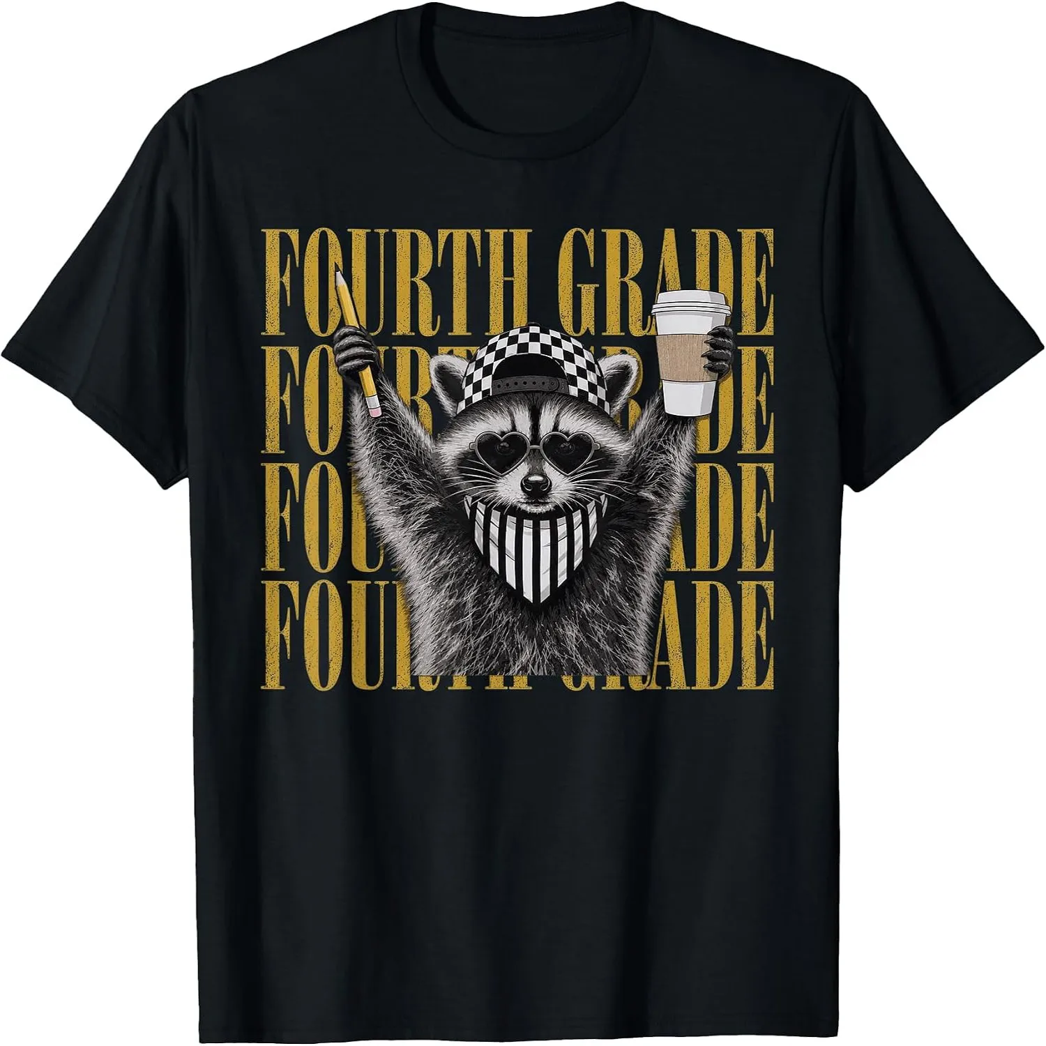 Fourth Grade Raccoon with Pencil and Coffee Back to School T-Shirt