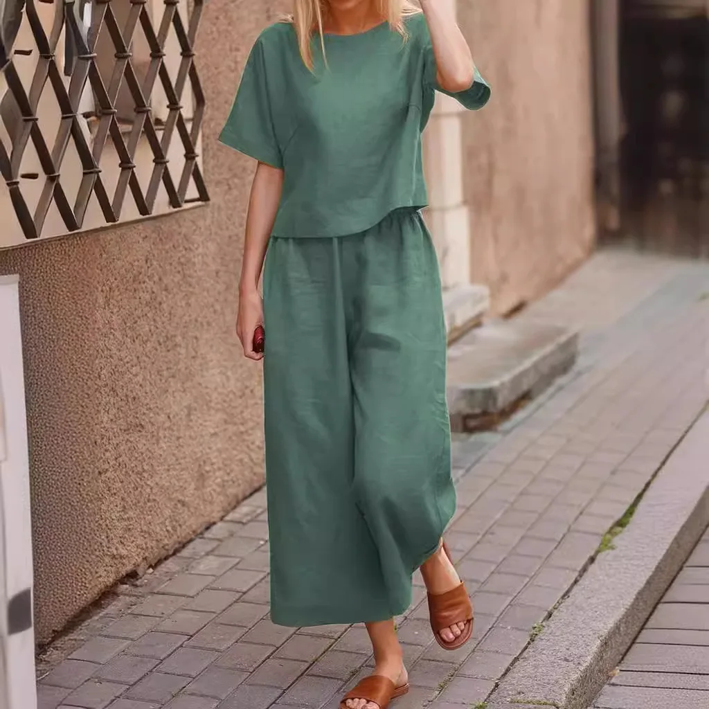 2024 New Top Pants Casual Set Loose Solid Color Shirt And Pants Cotton Linen Two Piece Set S-3XL Conjuntos De Verano Para Mujer