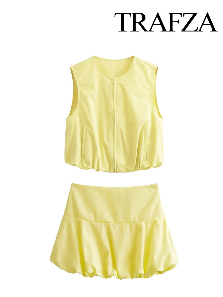 TRAFZA Women Summer Fashion Suits Yellow O-Neck Sleeveless Pockets Pleated Zipper Tops+High Waist Pleated Zipper Mini Skirts