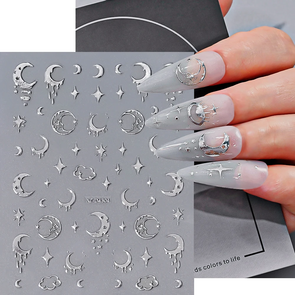 1 Uds. 3D plata Y2K estrella Luna sol pegatina artística para uñas luz de estrellas brillante pegatinas autoadhesivas geométricas para uñas DIY suministro de uñas de lujo