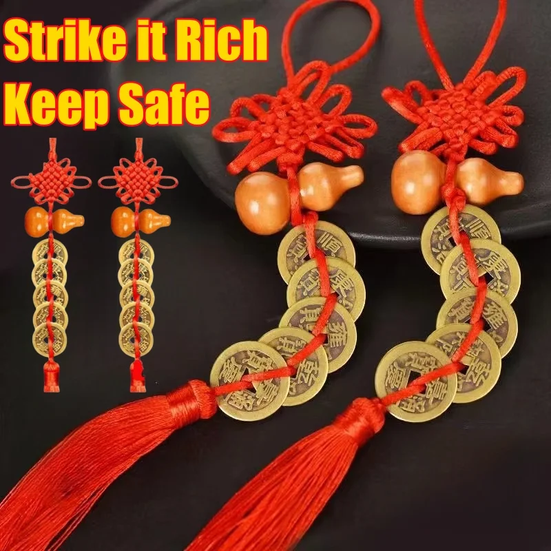 Moedas chinesas de feng shui com nó vermelho feito à mão, decoração de casa, decoração suspensa, ornamentos da sorte para carro, riqueza, sucesso