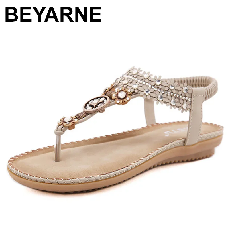 BEYARNE Women's Flat Sandals Water drill flower Non Slip Flat Shoes Wood Bead Elastic Band Solid Color Leisure Summer Sandals