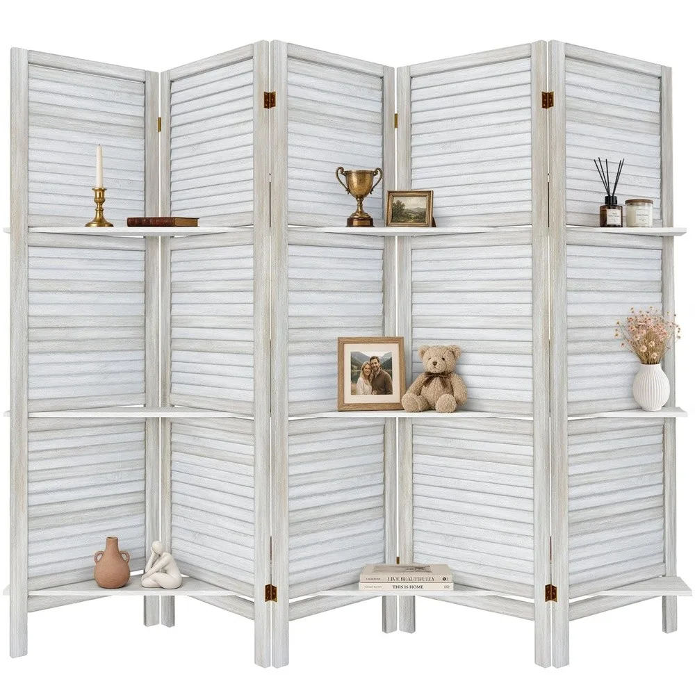 Room Divider Room Divider with Shelves 5 Panel Distressed White