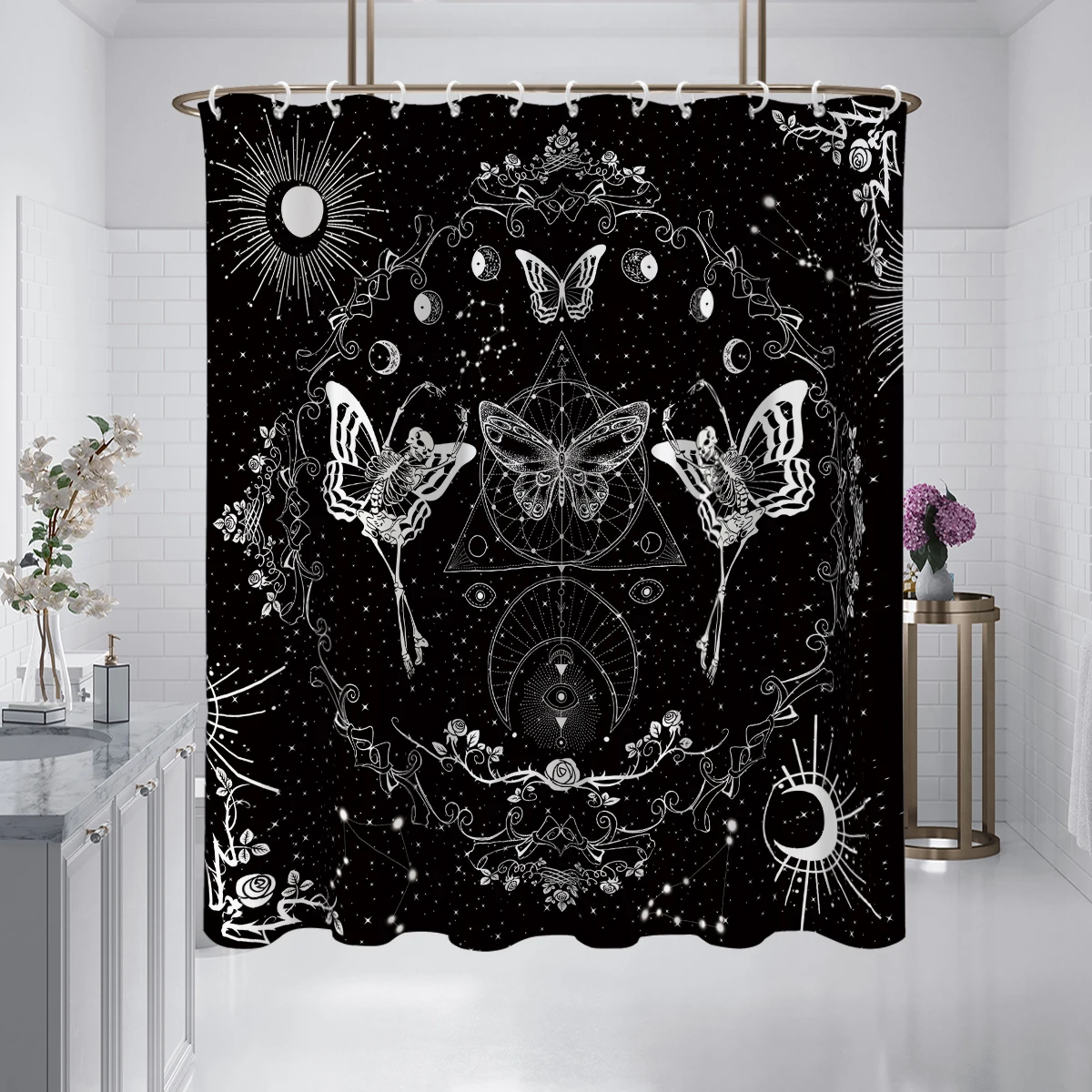 1PC skull and butterfly, Gothic style shower curtain, waterproof, washable, with 12 hooks, bathroom shower, bathtub, home use