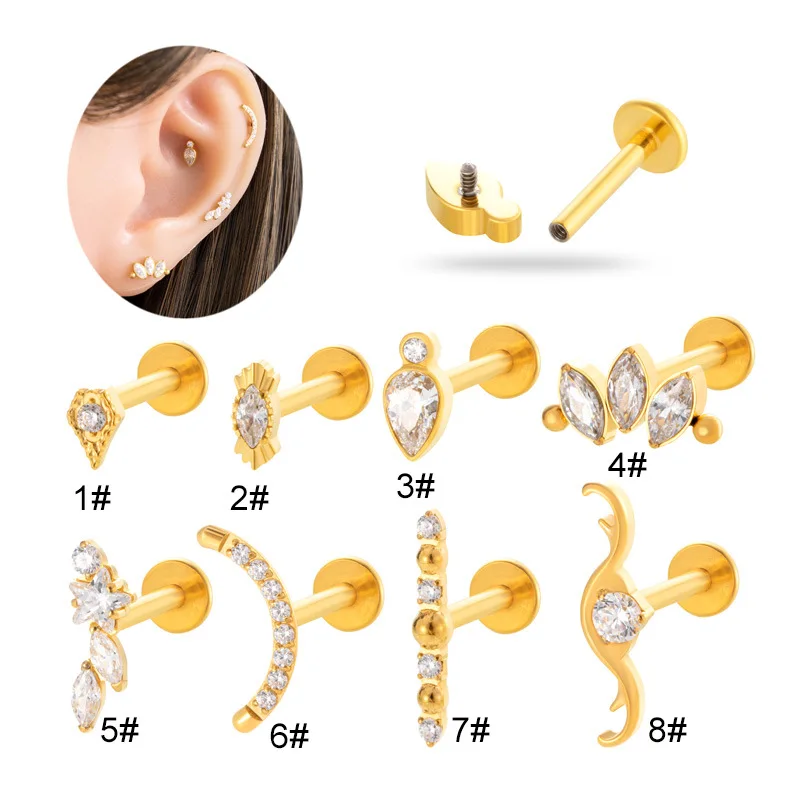 

1PC ASTM F136 G23 Titanium Piercing Labret Studs Earring Internal Thread Horse Eyes CZ Cartilage Tragus Lip Stud Body Jewelry