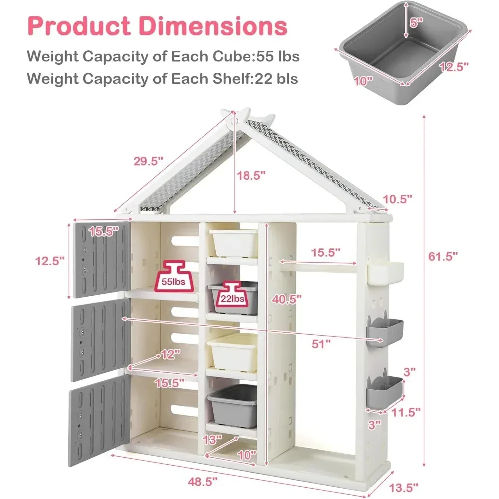 Kids Costume Storage Closet, Children Pretend Dresser Wardrobe, Open Hanging Closet with Storage Bins, Shelves, Side Baskets