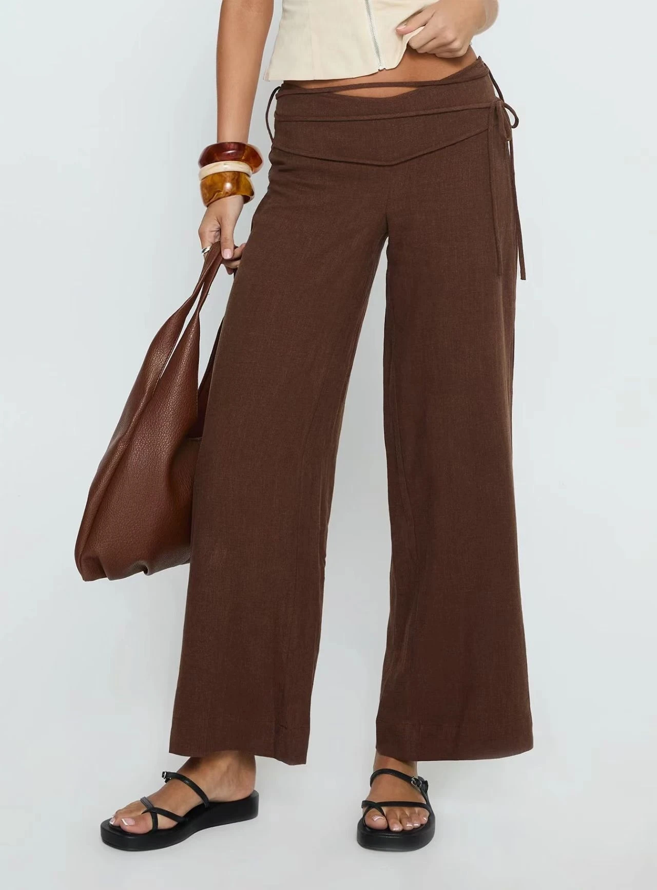 Fashionable Casual Loose Striped Wide Leg Pants High Waist Polyester Ladies Trousers Knot Rope Long Pants Spring 2026