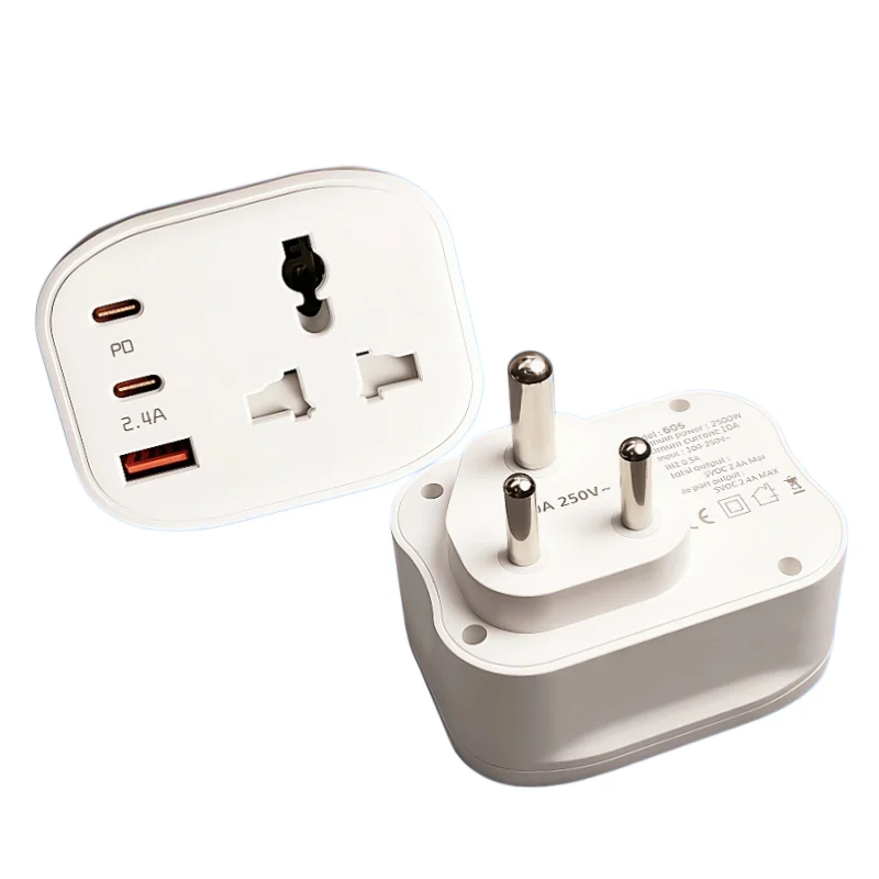 SA 3 Round Pin Travel Charger Adapter, Universal Outlet with PD Type-C + Dual USB Ports, Multi-function Wall Socket for South